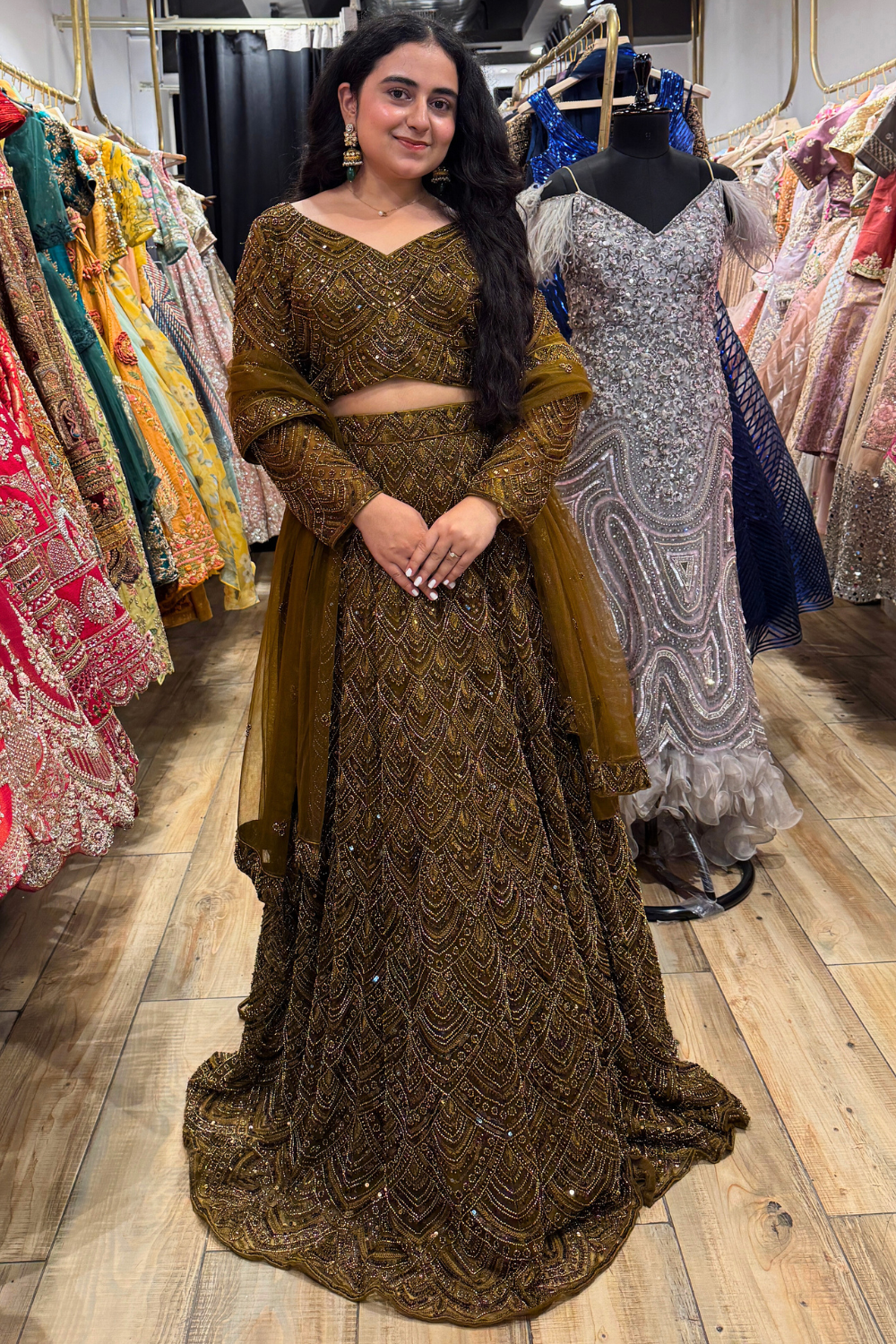 Antique Olive Gold Lehenga With Sequins and Beads Embellishment2