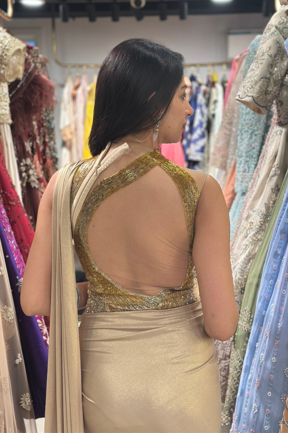 Champagne Beige Pre-drapped Saree With Golden Shimmer Sequins Embellishment4