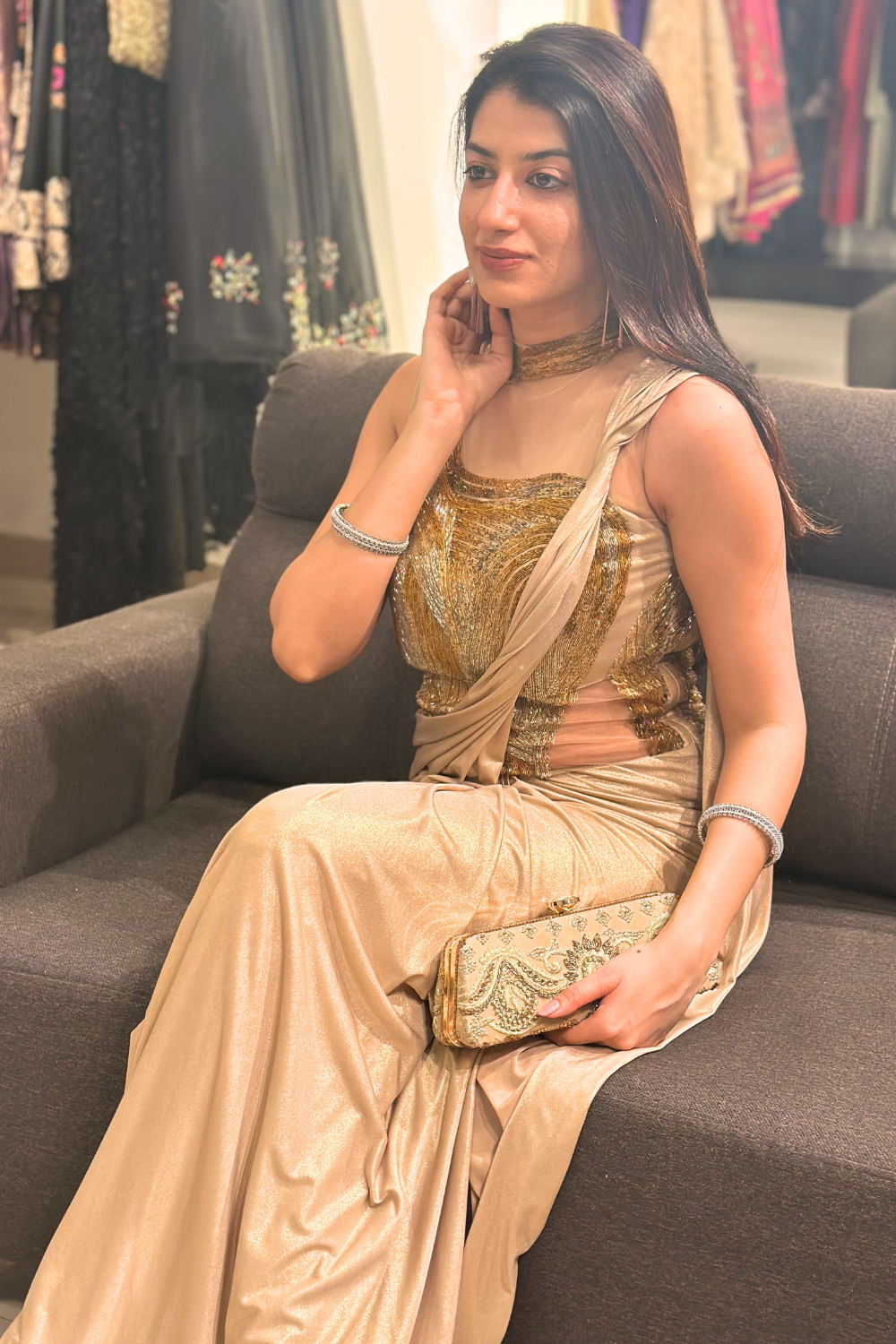 Champagne Beige Pre-drapped Saree With Golden Shimmer Sequins Embellishment5