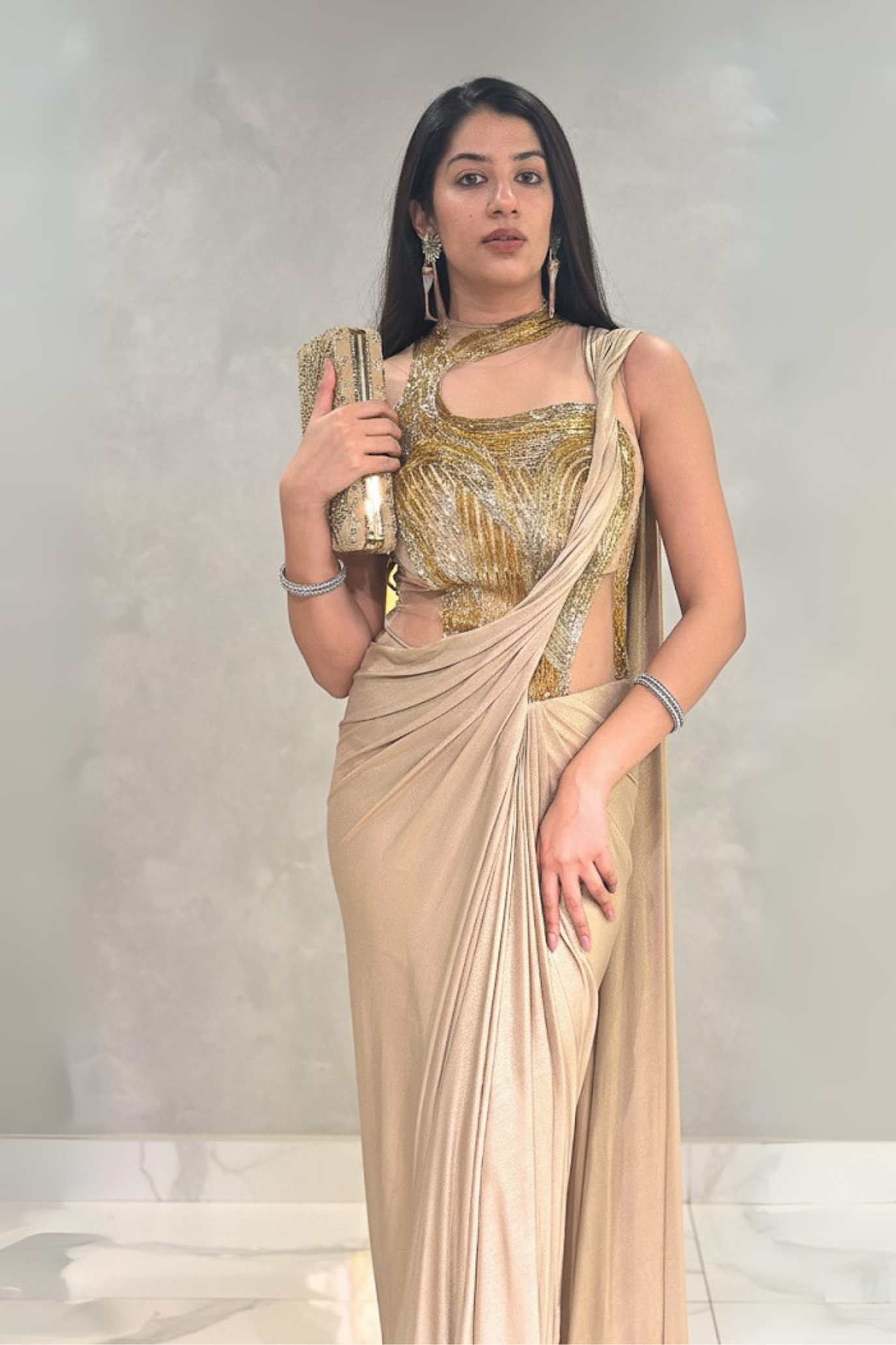 Champagne Beige Pre-drapped Saree With Golden Shimmer Sequins Embellishment
