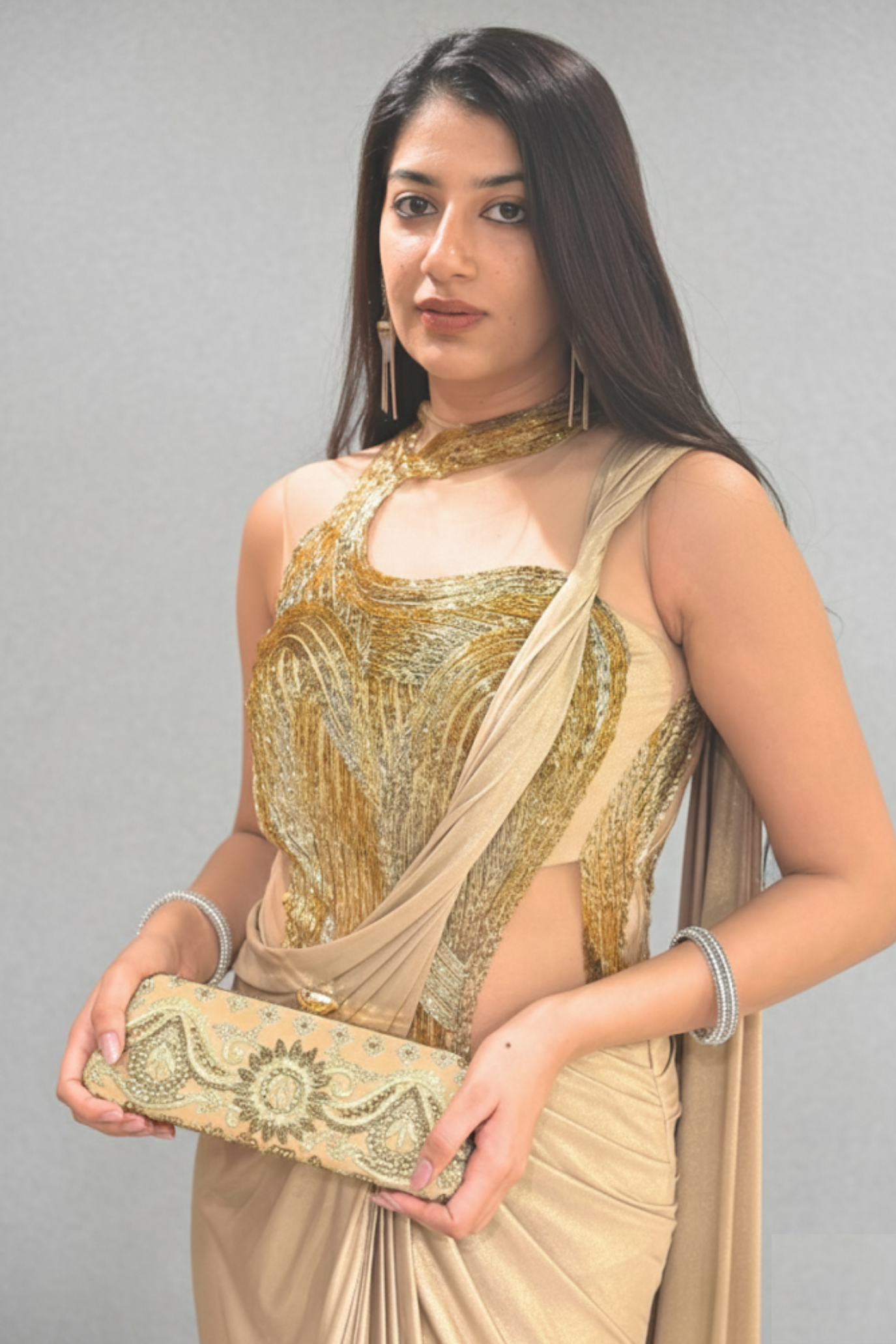 Champagne Beige Pre-drapped Saree With Golden Shimmer Sequins Embellishment8