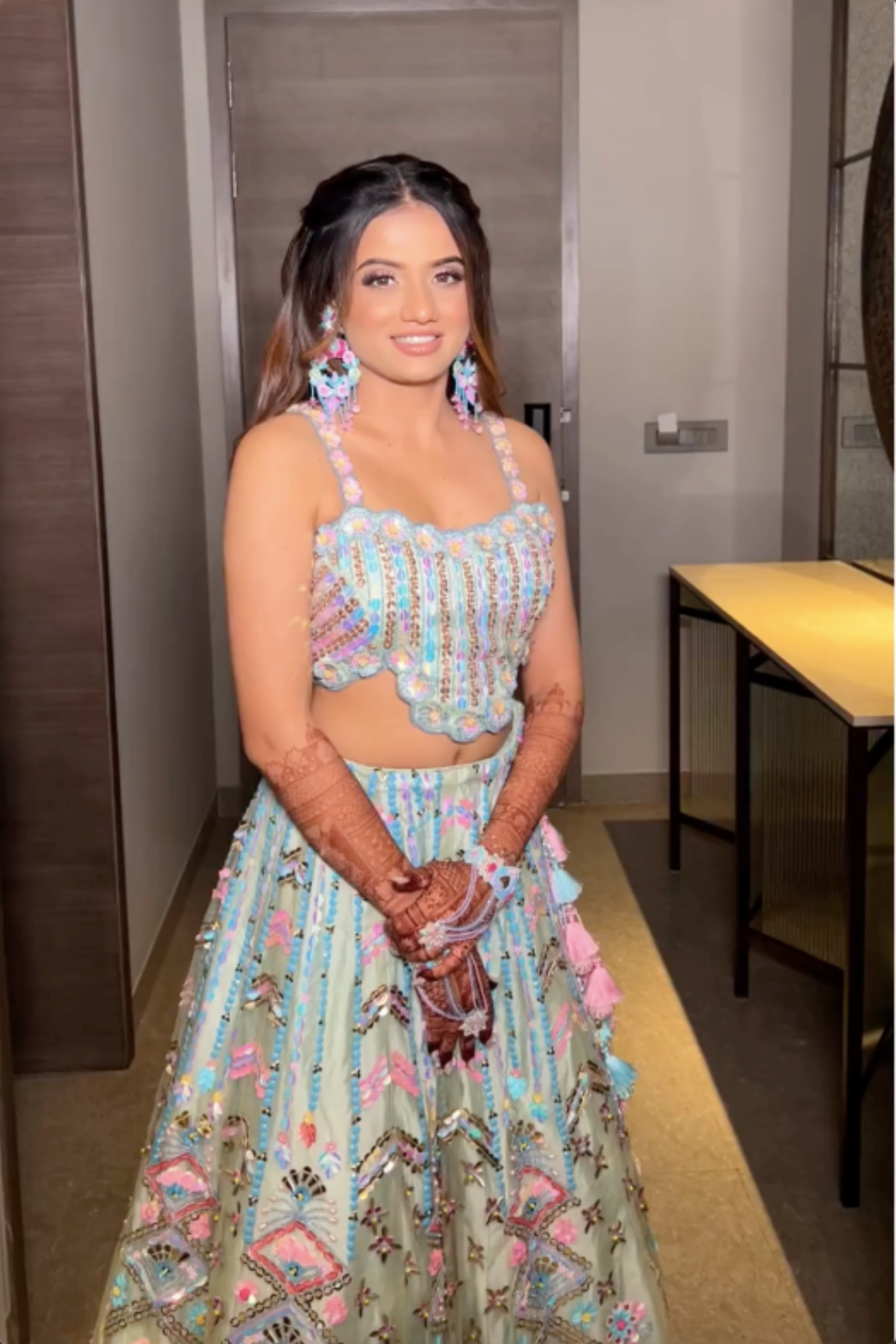 Pastel Blue And Green Floral Sequinned Lehenga2