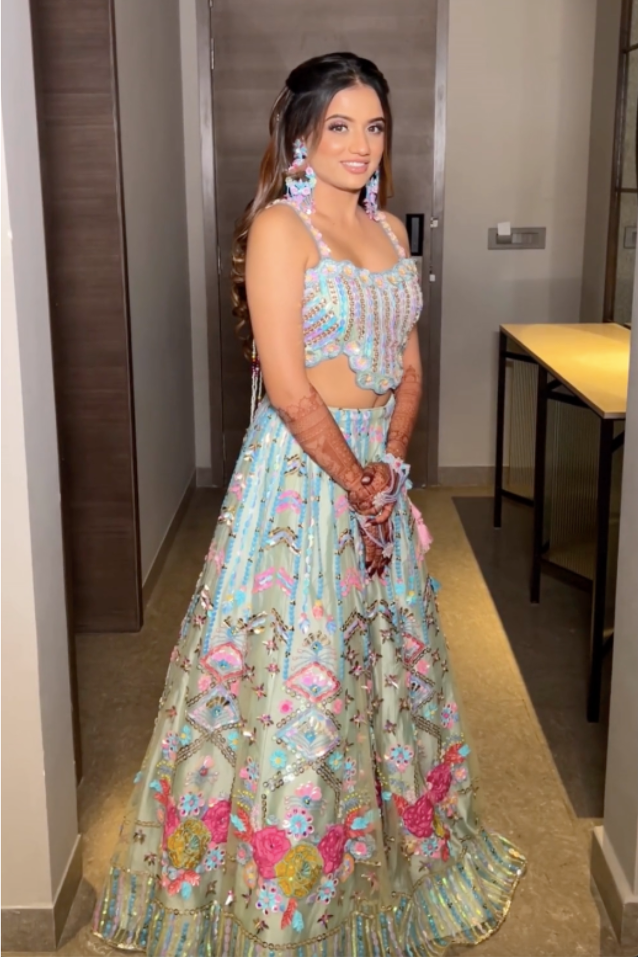 Pastel Blue And Green Floral Sequinned Lehenga