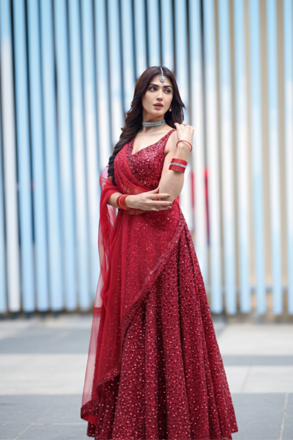 Red Shimmer Lehenga With Sequin Work Embellishment