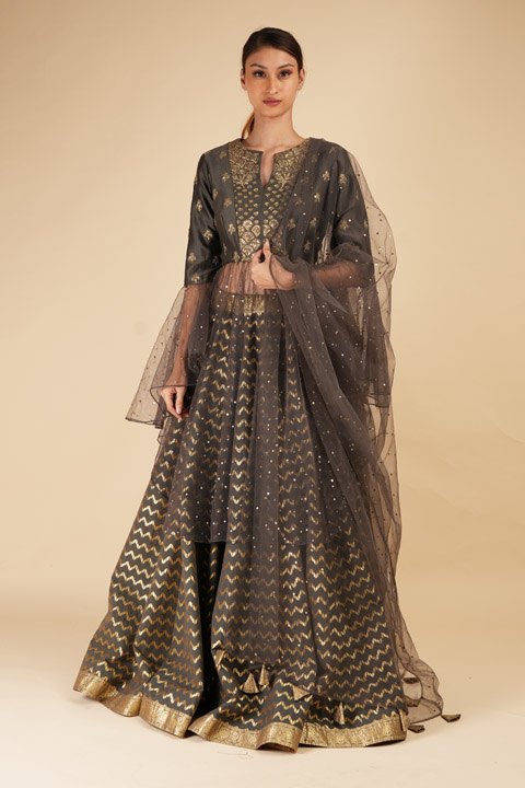 Grey Chanderi Peplum Lehenga
