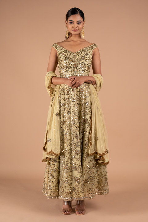 Green Off Shoulder Anarkali