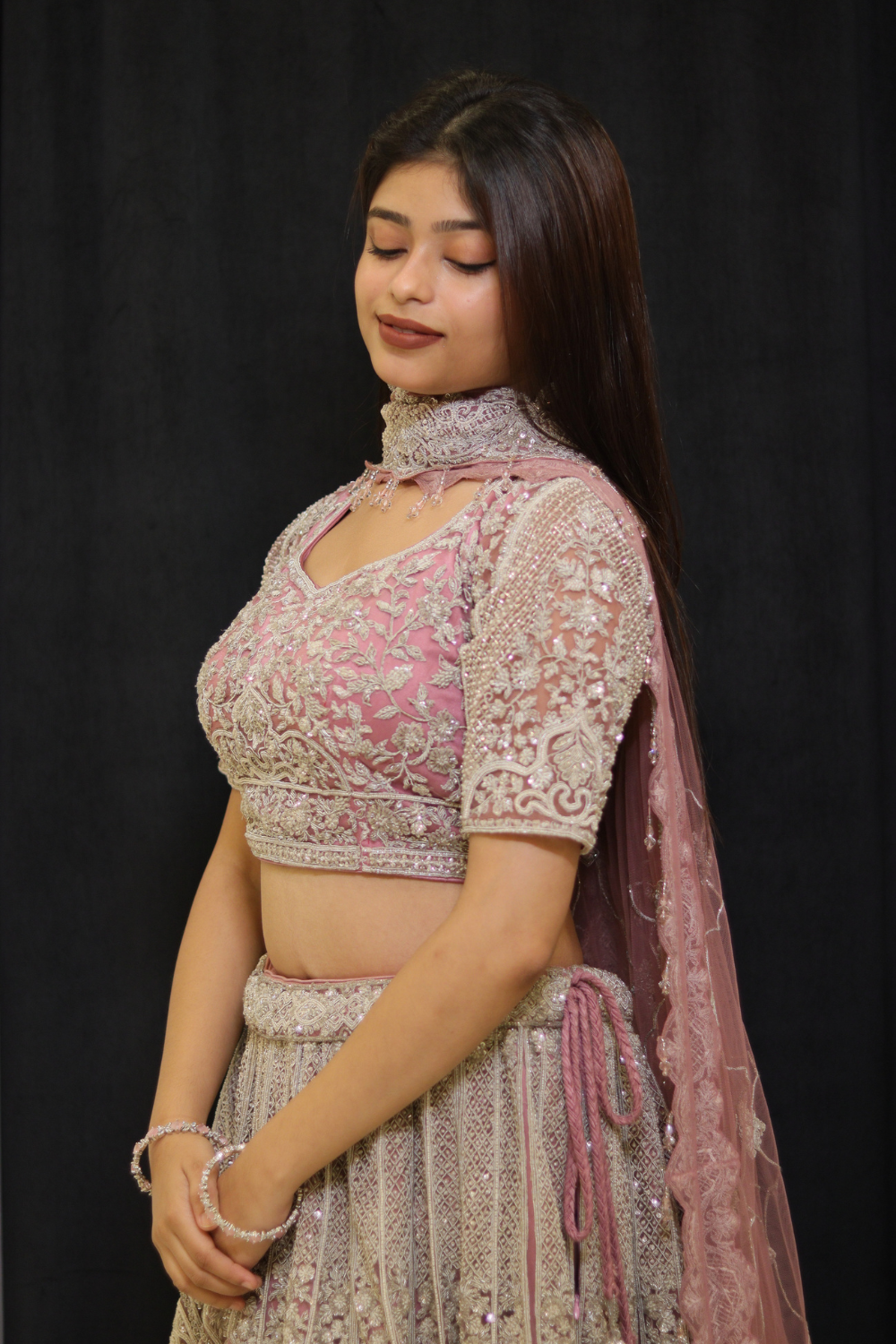 Soft Pink Lehenga With Silver Stone and Zari Work Embellishment1