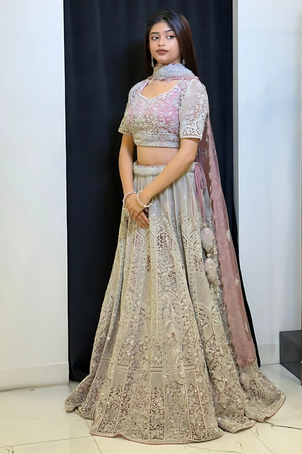 Soft Pink Lehenga With Silver Stone and Zari Work Embellishment5