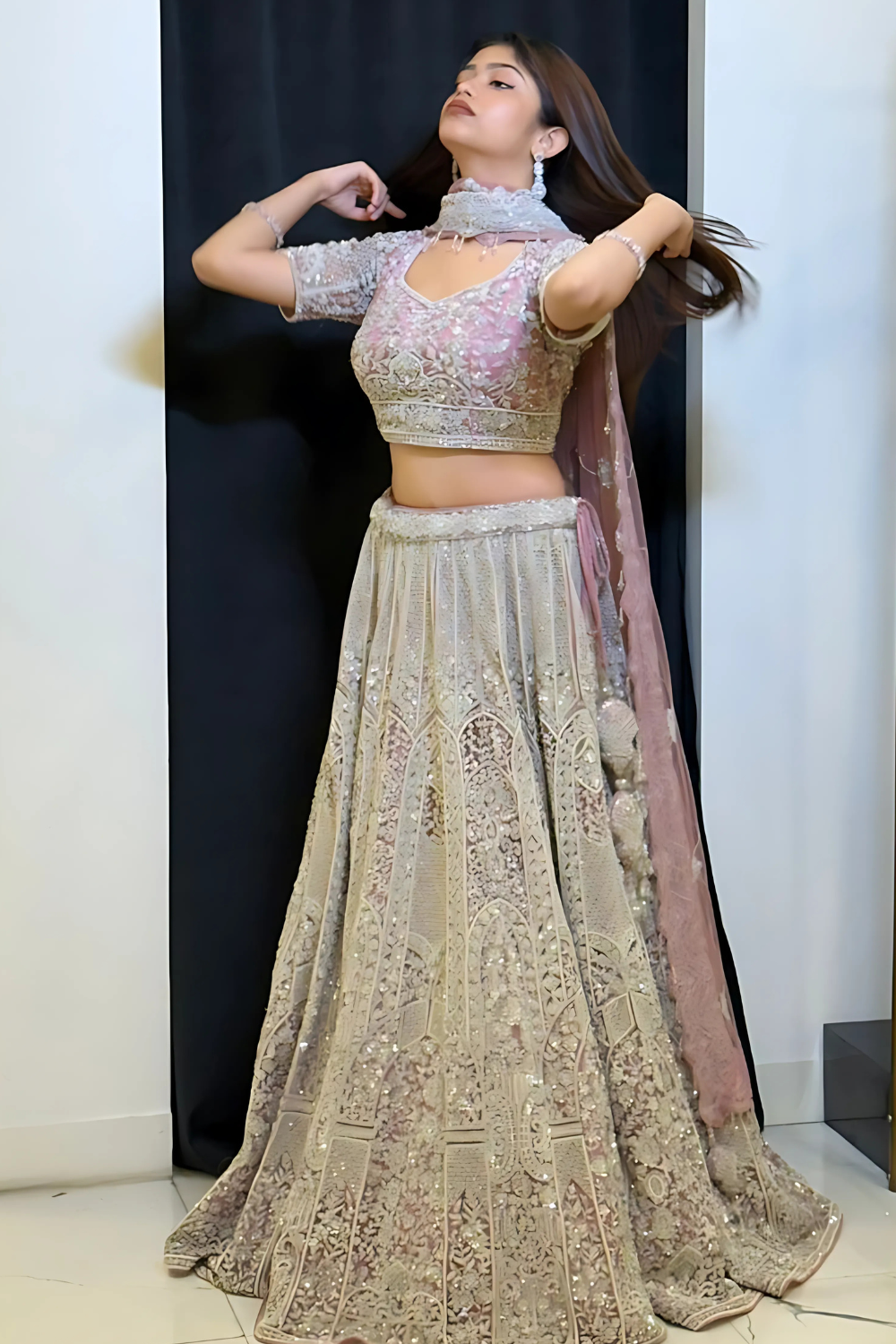 Soft Pink Lehenga With Silver Stone and Zari Work Embellishment7