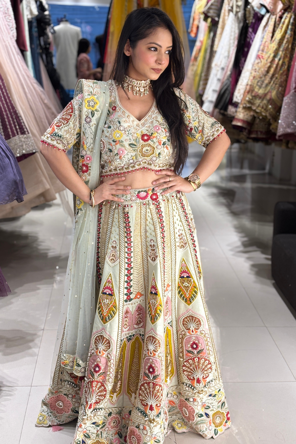 Light Pista Green Lehenga With Heavy Embellishment