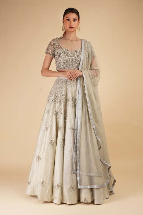 Silver And Grey Pearl Work Lehenga