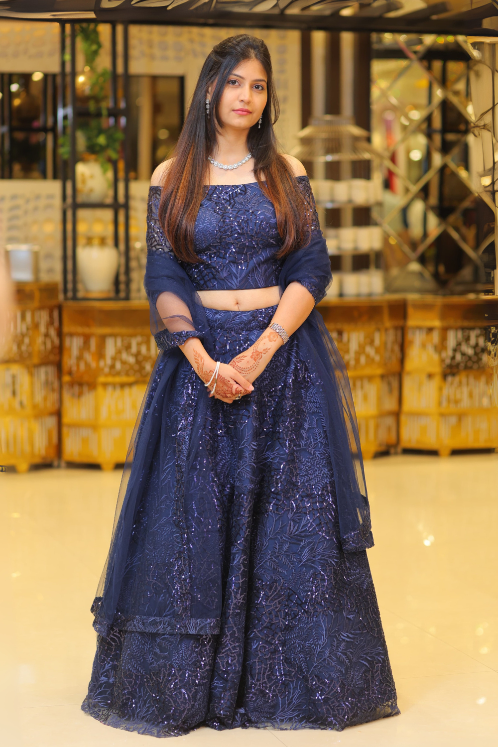 Navy Blue Lehenga With Sequins And Thread Work Embellishment