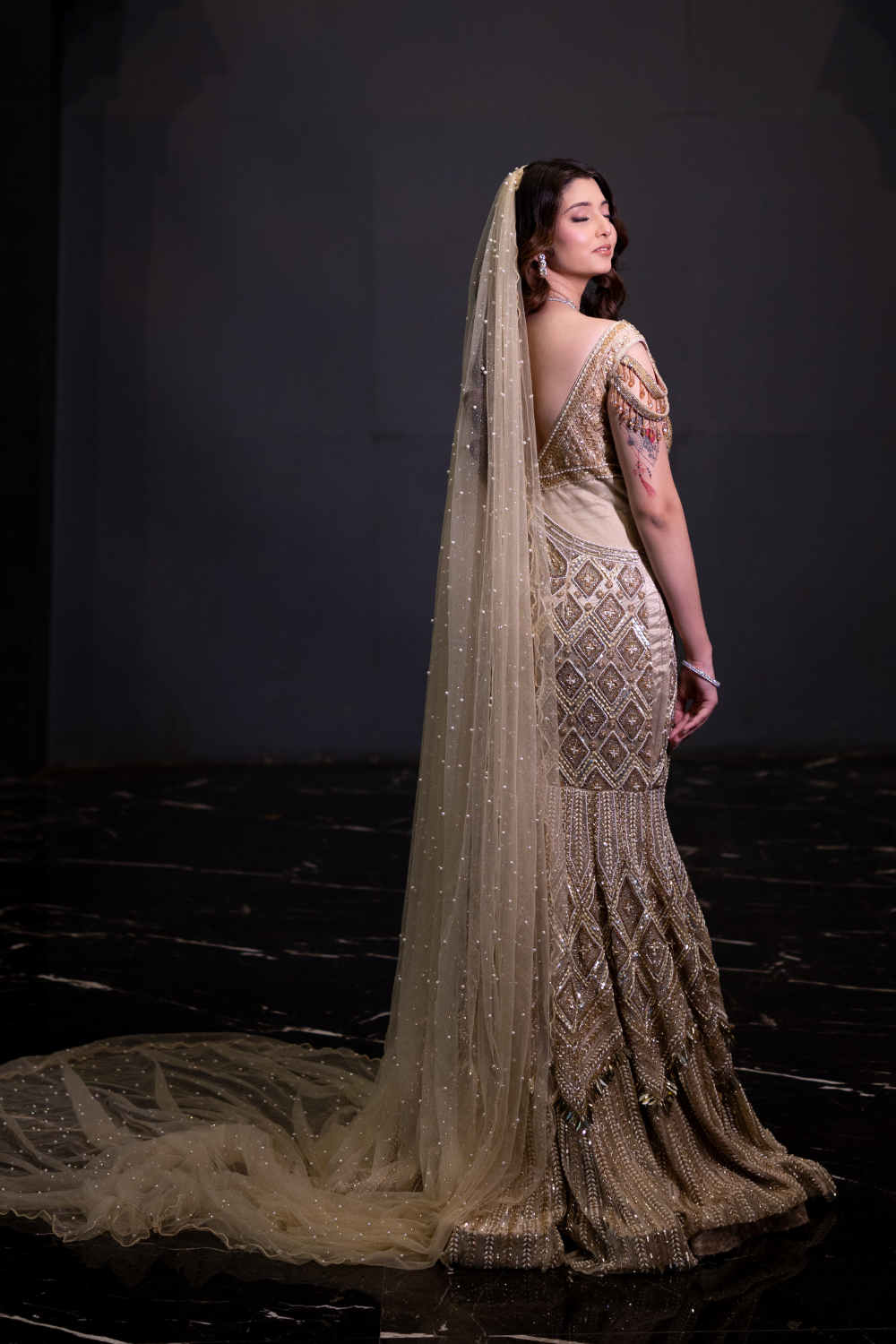 Golden Fishcut Gown With Veil