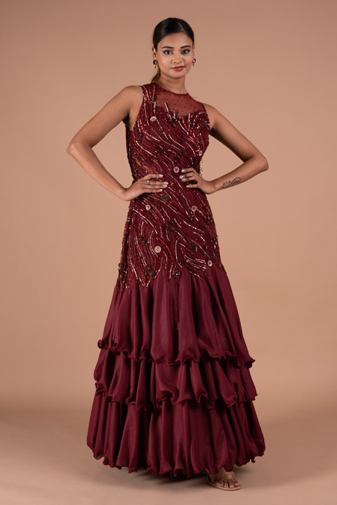 Maroon Layered Shimmer Gown