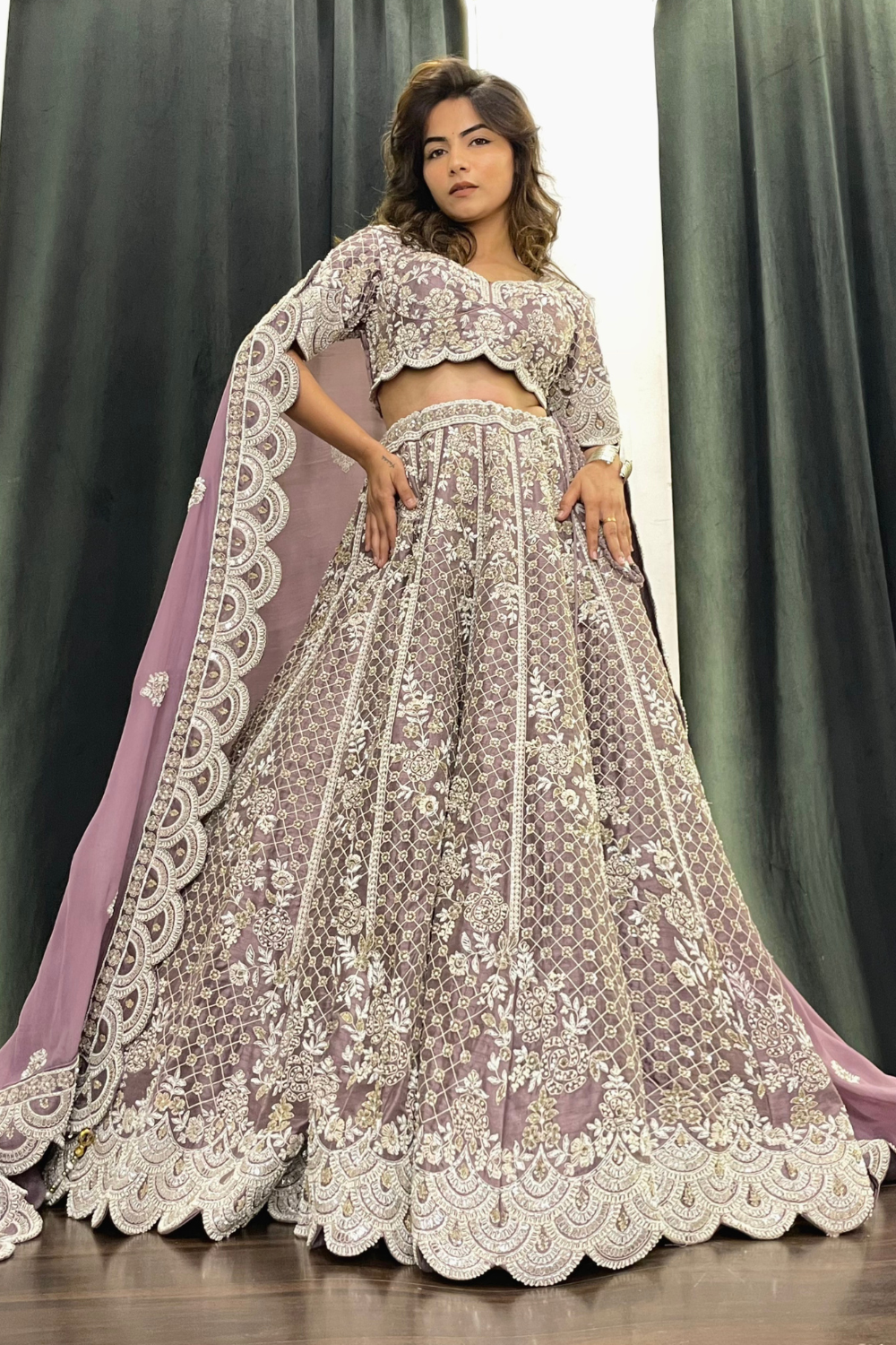 Muted Dusty Lavender Lehenga With Embellishment