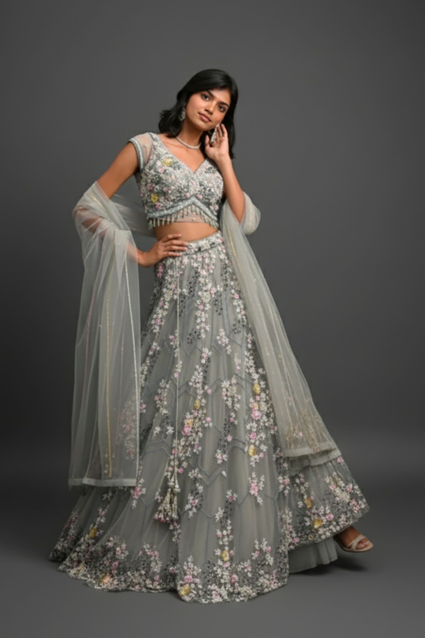 Grey Lehenga With Beads Sequins And Thread Work Embellishment