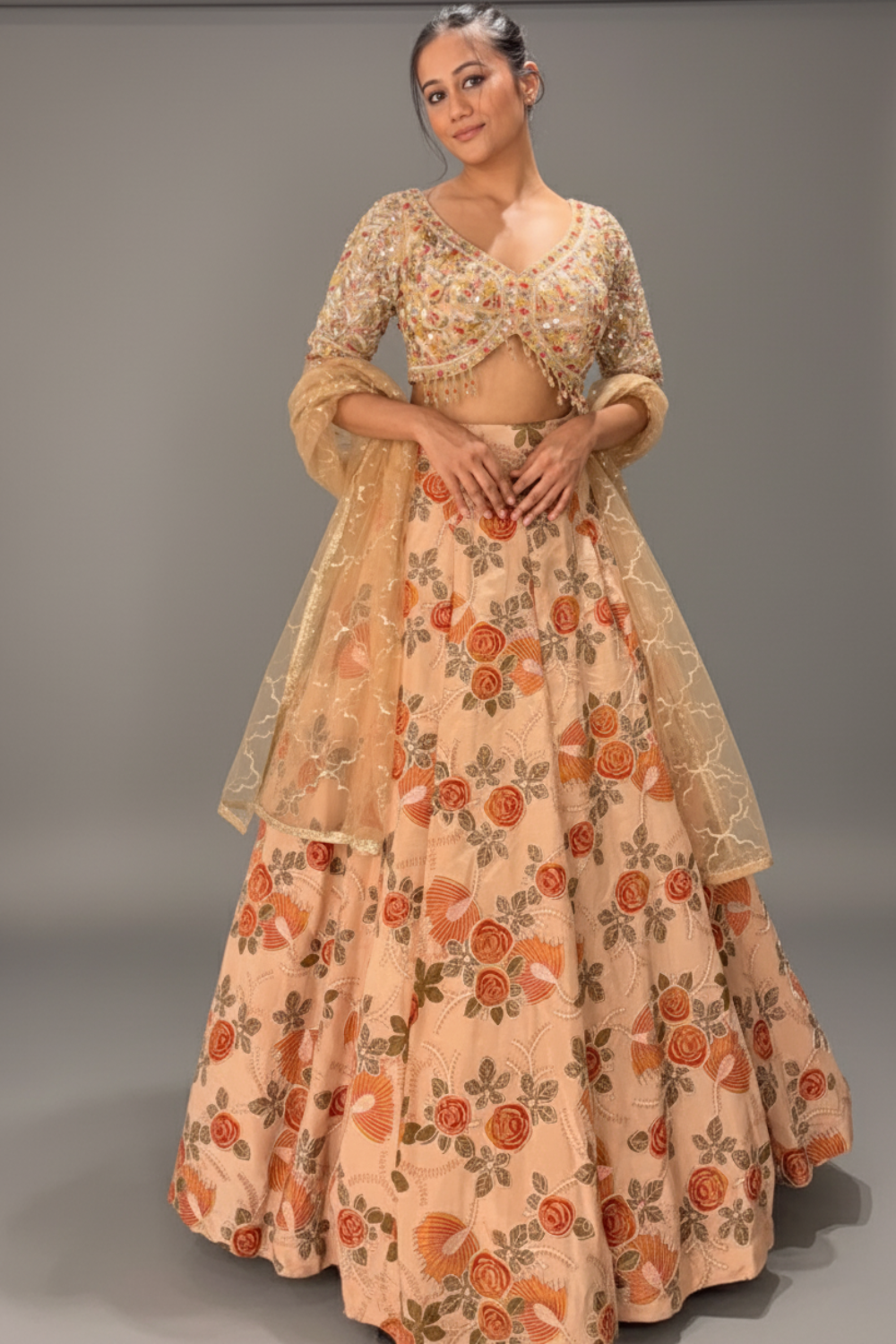 Warm Peach Lehenga Set With Floral Embroidery And Sequins Work