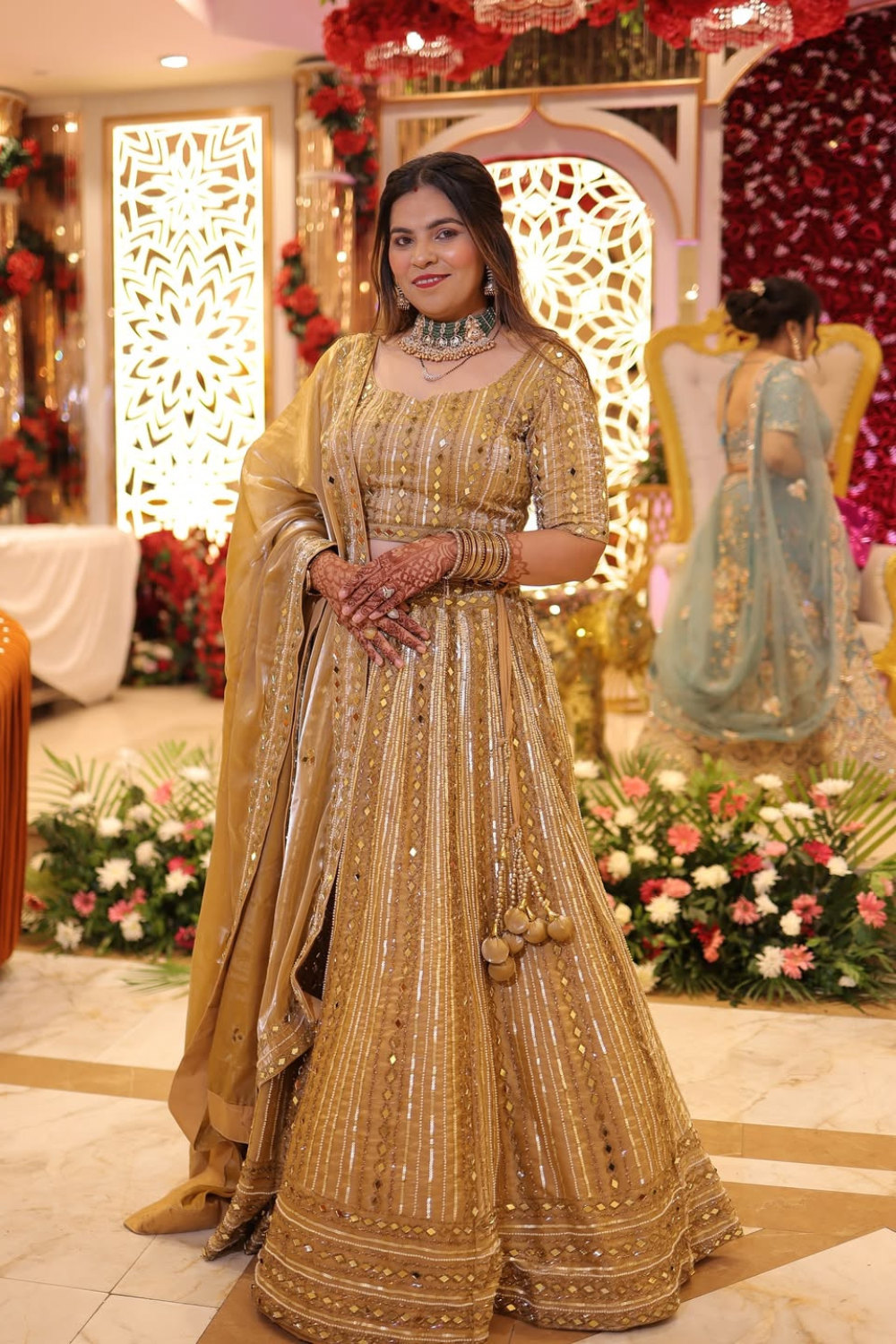 Golden Beige Lehenga With Sequins Beads And Mirror Work Embellishment1