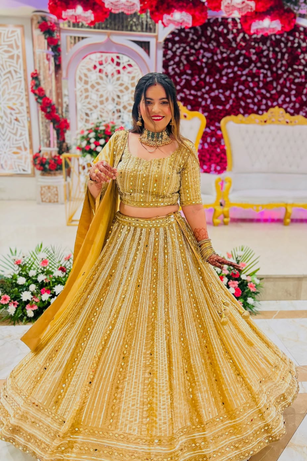 Golden Beige Lehenga With Sequins Beads And Mirror Work Embellishment