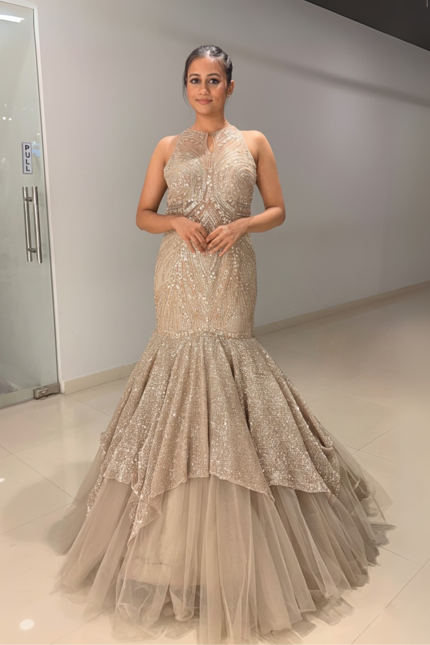 Champagne Golden Fish- cut Gown With Beads And Sequins Embellishment6