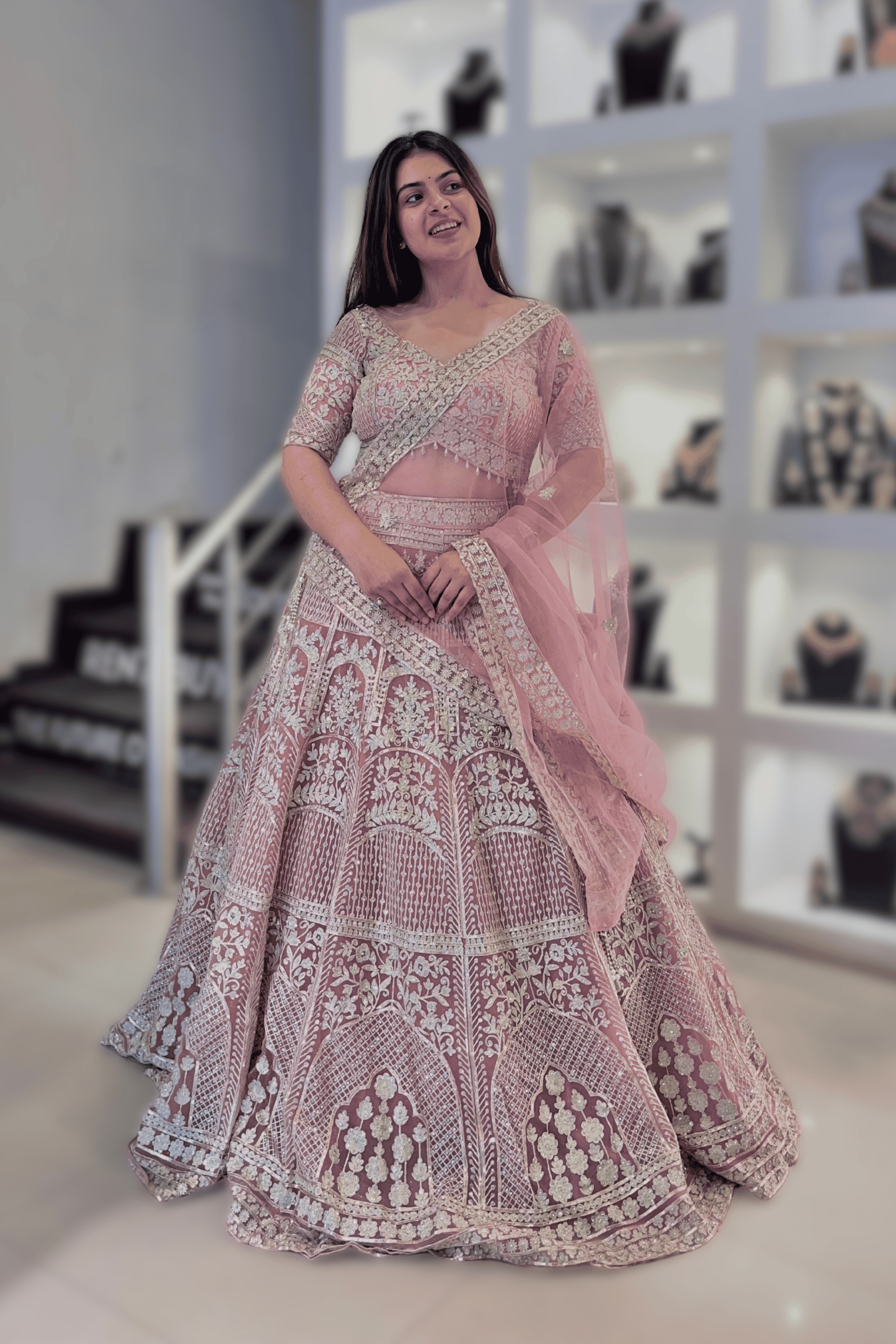 Blush Pink Lehenga Set With White Thread Embellishment