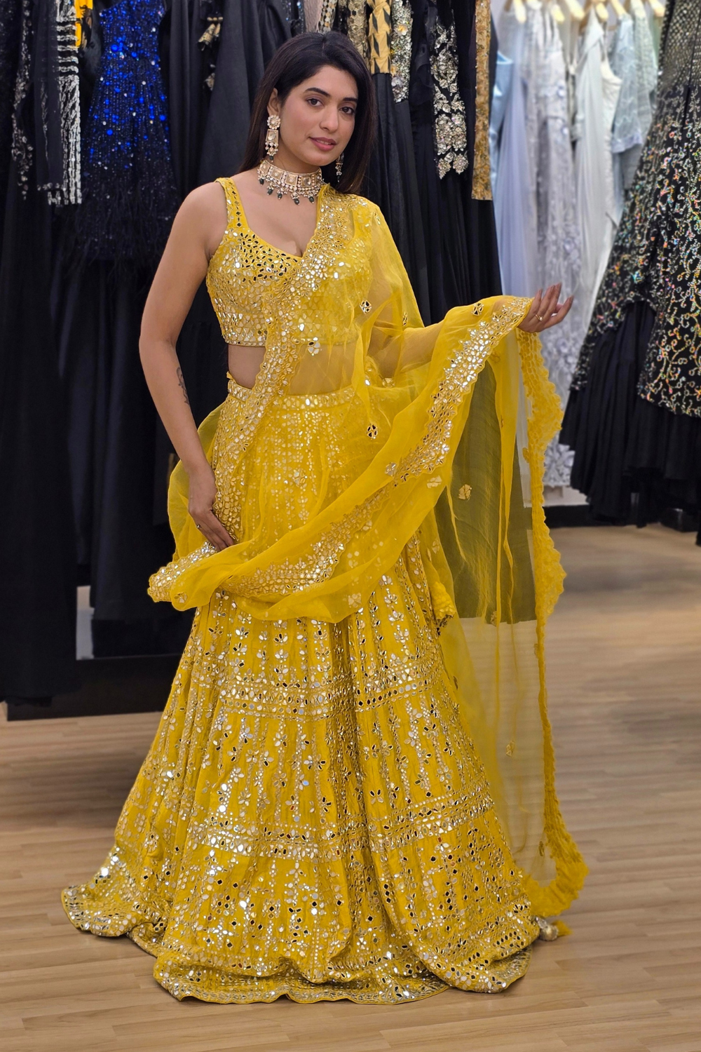 Marigold Yellow Lehenga With Mirror Work Embellishment1