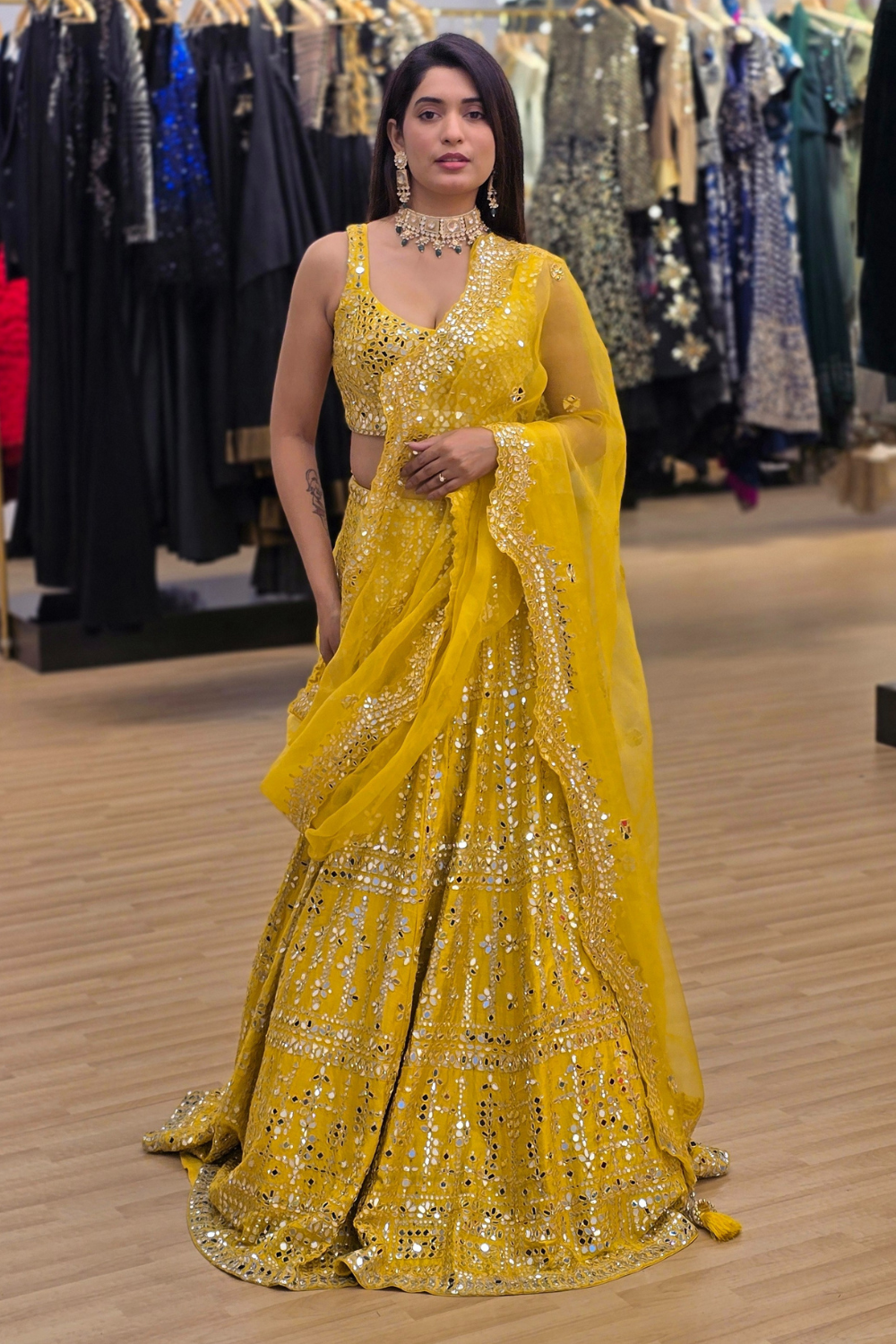 Marigold Yellow Lehenga With Mirror Work Embellishment