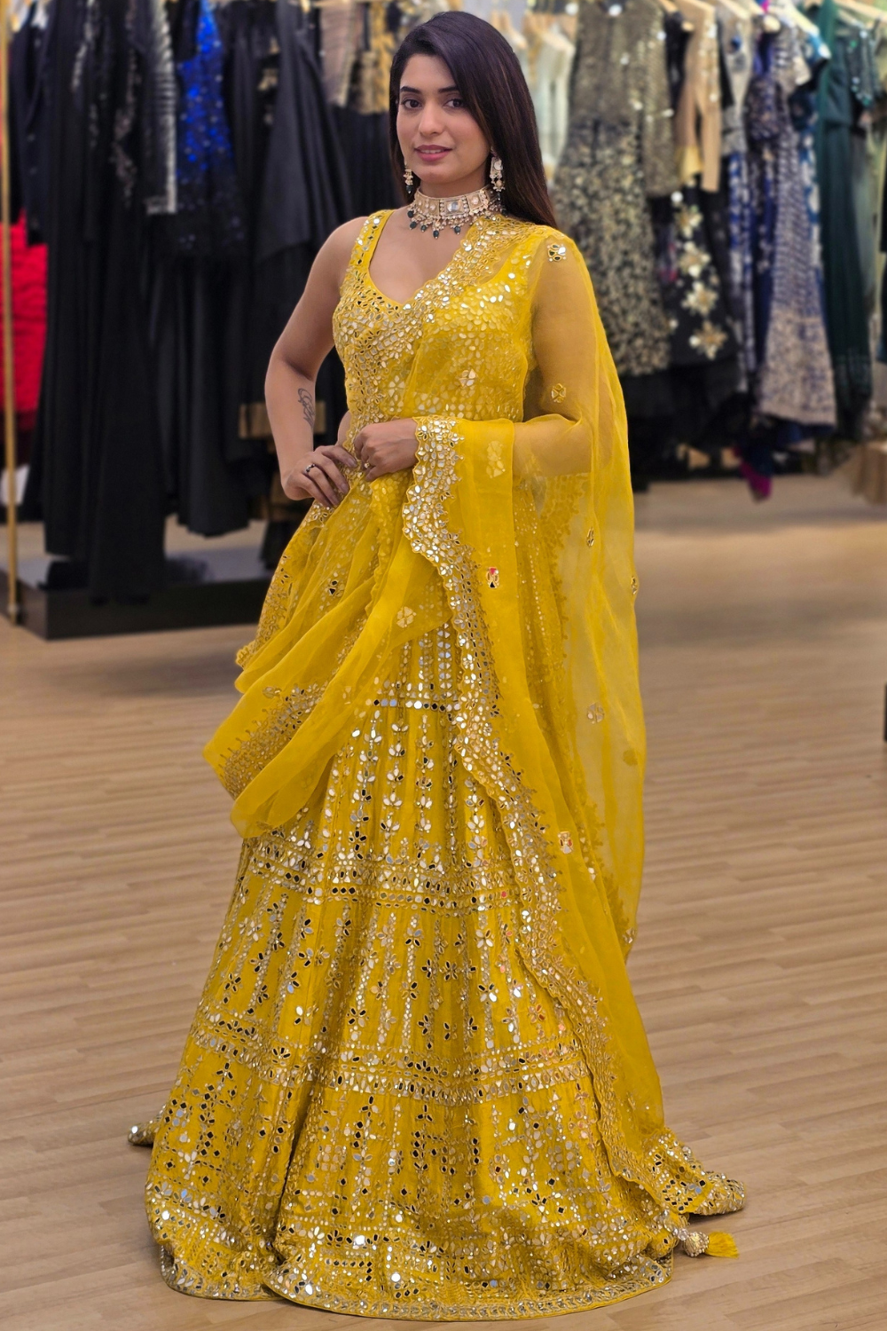 Marigold Yellow Lehenga With Mirror Work Embellishment3