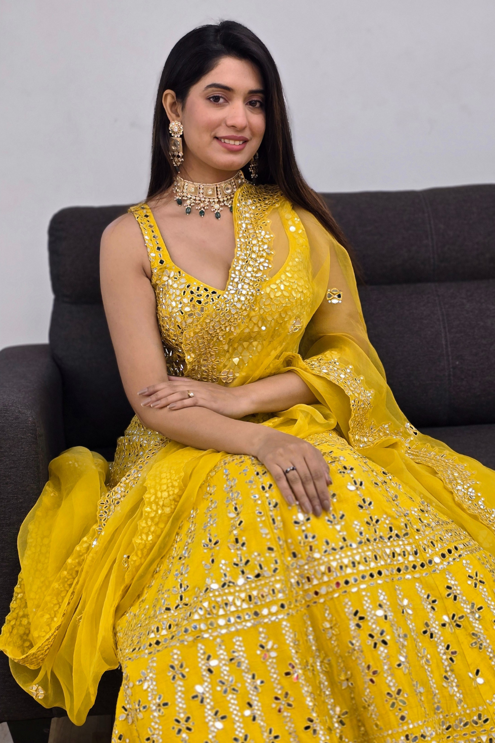 Marigold Yellow Lehenga With Mirror Work Embellishment4