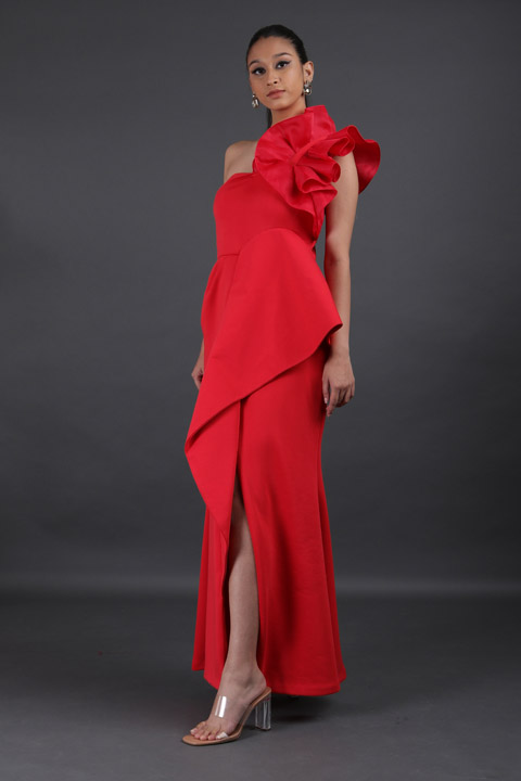 Ruffle Shoulder Slit Gown