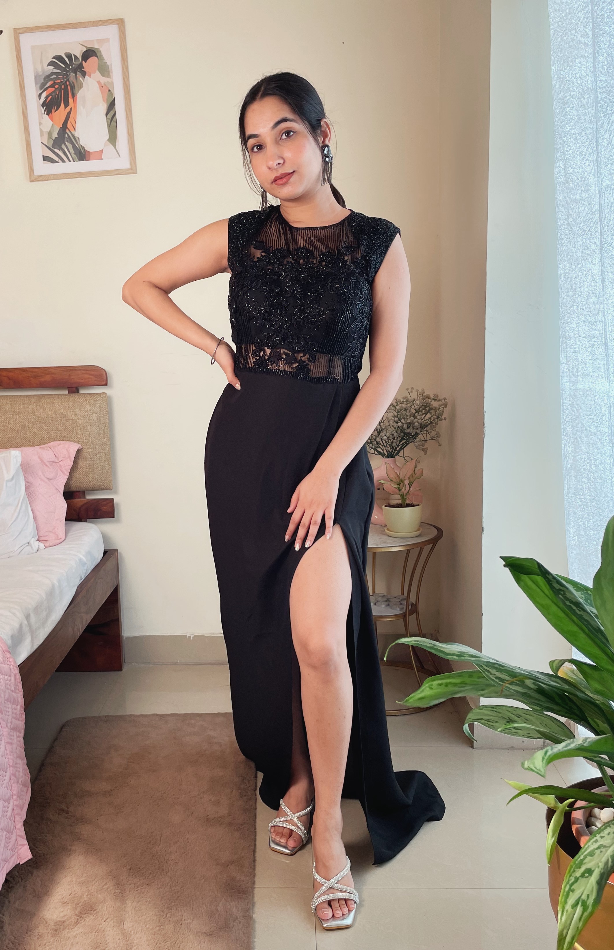 Charcoal Hand Embellished Slit Gown