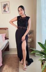 Charcoal Hand Embellished Slit Gown