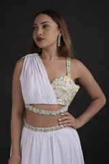 White 3D Floral Drape Top Bottom Set_DTR2041