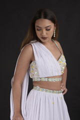 White 3D Floral Drape Top Bottom Set_DTR2045