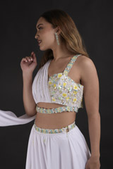 White 3D Floral Drape Top Bottom Set_DTR2048