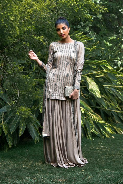 Grey Line Embroidery Sharara Set