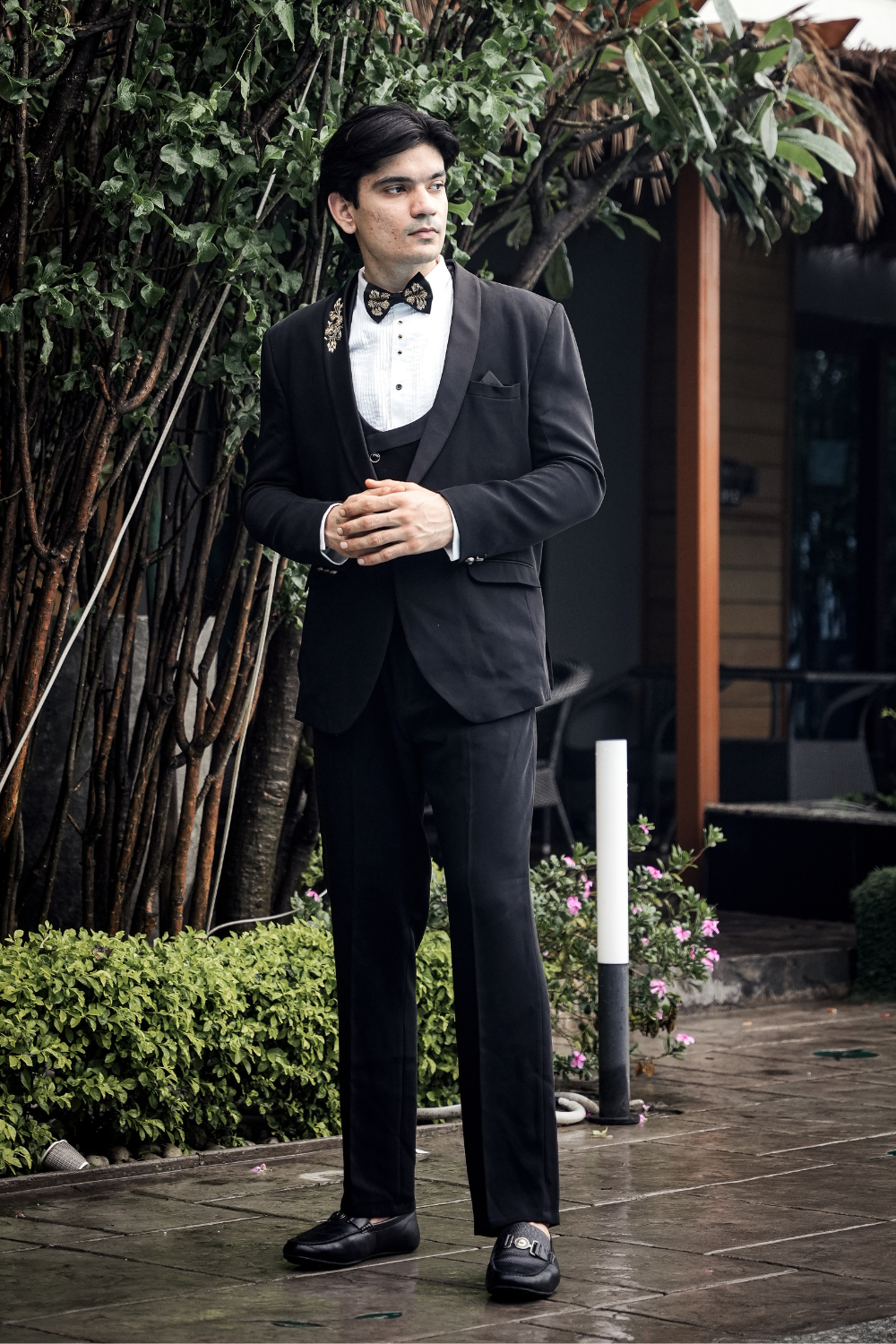 Black Tuxedo Suit With Golden Thread Work Embellishment