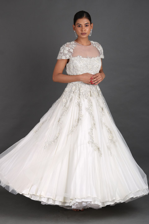 White Tulle Floral Embroidery Gown