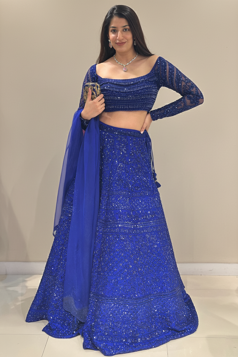 Royal Cobalt Blue Lehenga With Sequins and Beads Embellishment