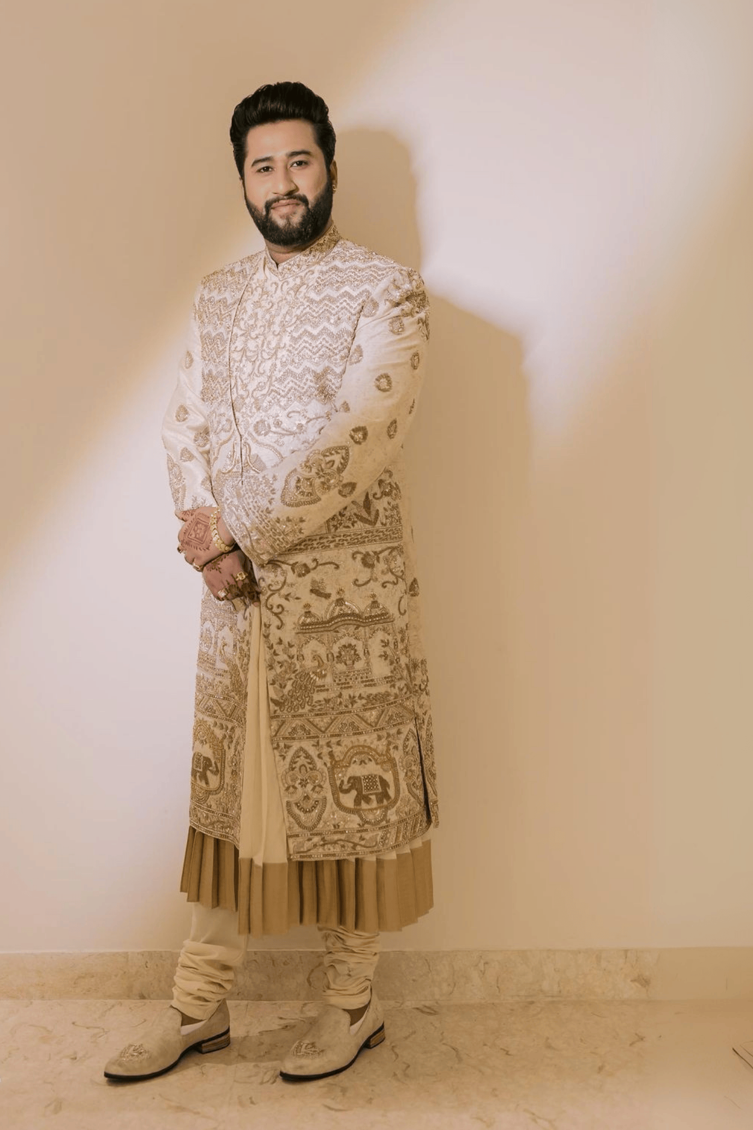 Beige Sherwani With Golden Thread Embroidery Work