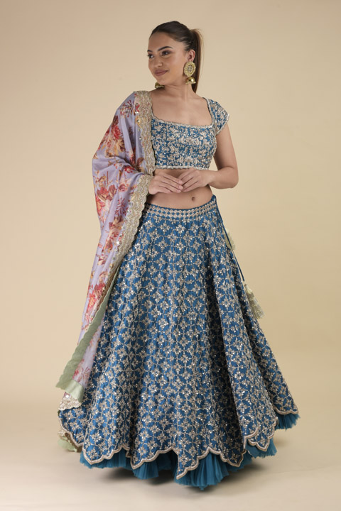 Ink Blue Raw Silk Zardozi Lehenga