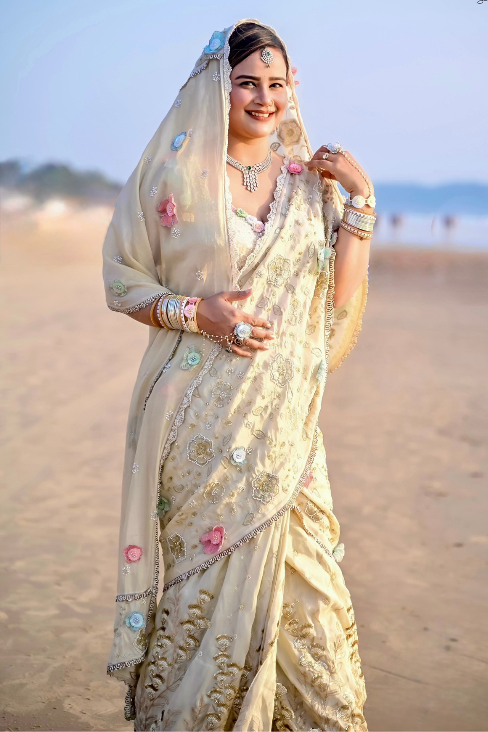 Golden Beige Pre-draped Saree With Sequin Bead And Floral Embroidery1