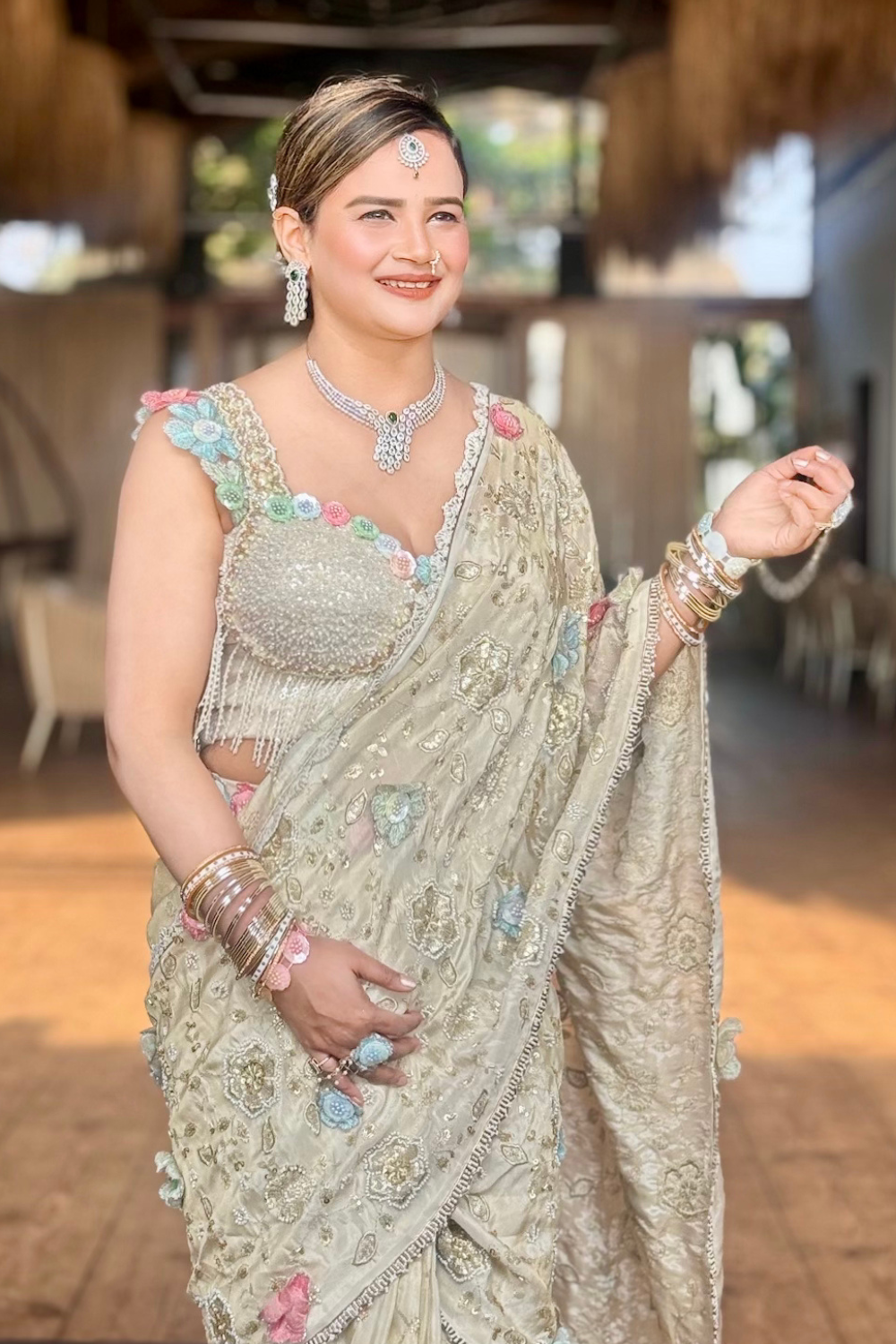 Golden Beige Pre-draped Saree With Sequin Bead And Floral Embroidery